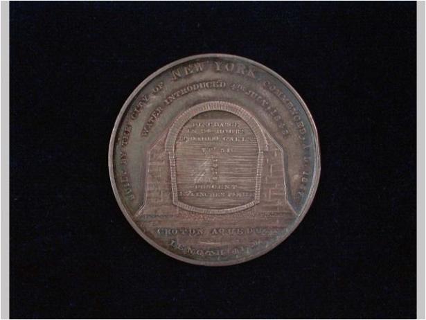 Croton Aqueduct commemorative medal, 1842. Silver- leather, cardboard, silk. INV.3693